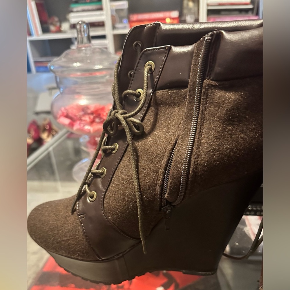 Brown Lace-Up Women's Wedge Booties